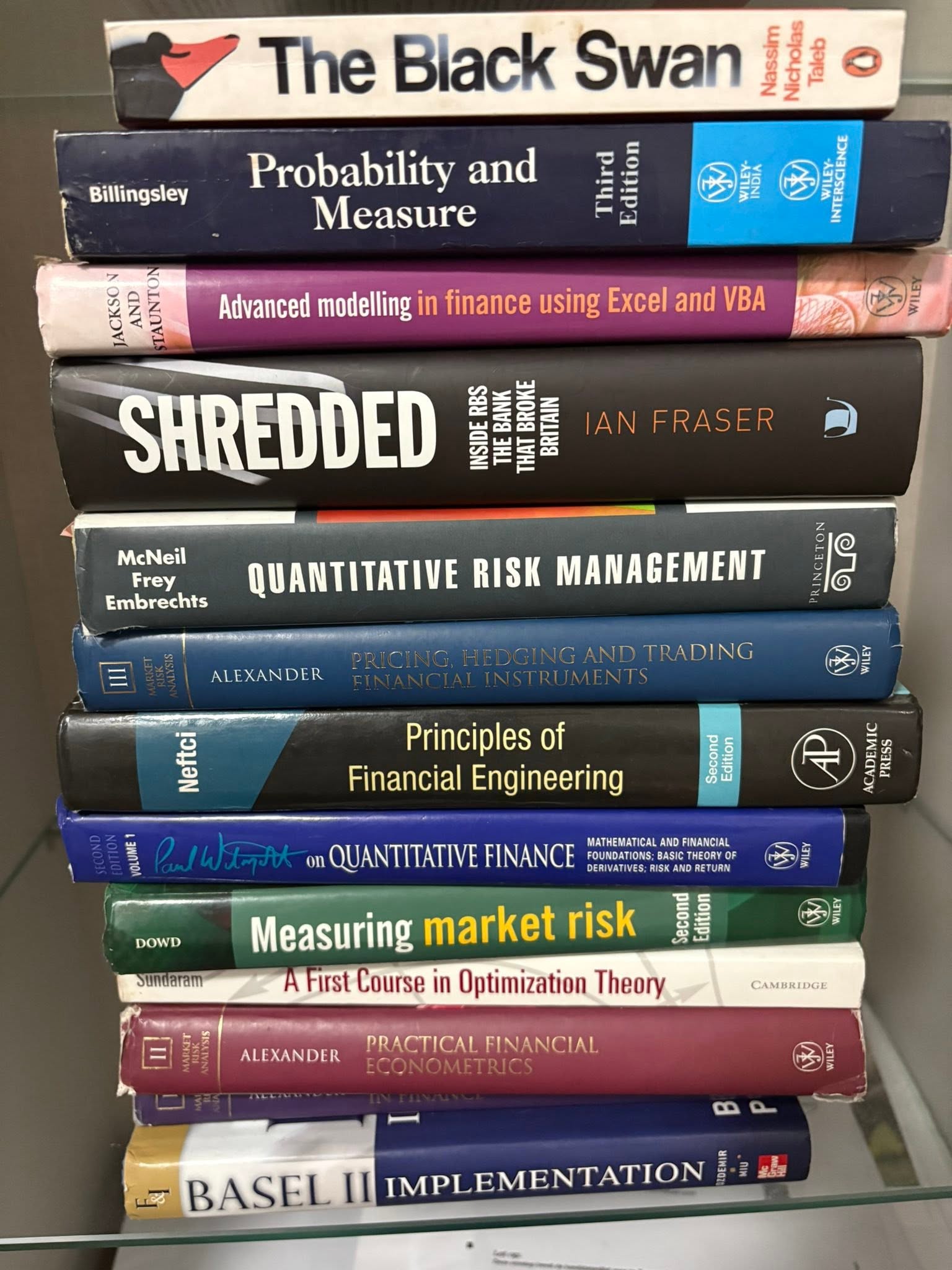 Stack of finance and mathematics books — The Black Swan, Probability and Measure, Quantitative Risk Management, Principles of Financial Engineering, Basel II Implementation